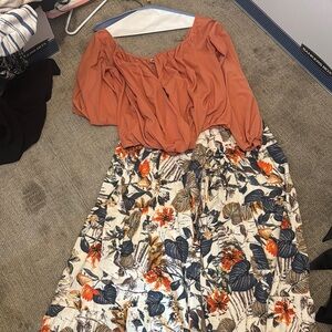 Rust Puff-Sleeve Blouse with Cream Floral Maxi Skirt - Two-Piece Set